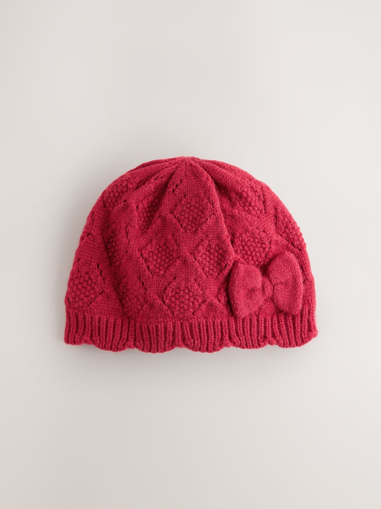 Red Pointelle Bow Knitted Bow Baby Beanie - Image 1 of 3