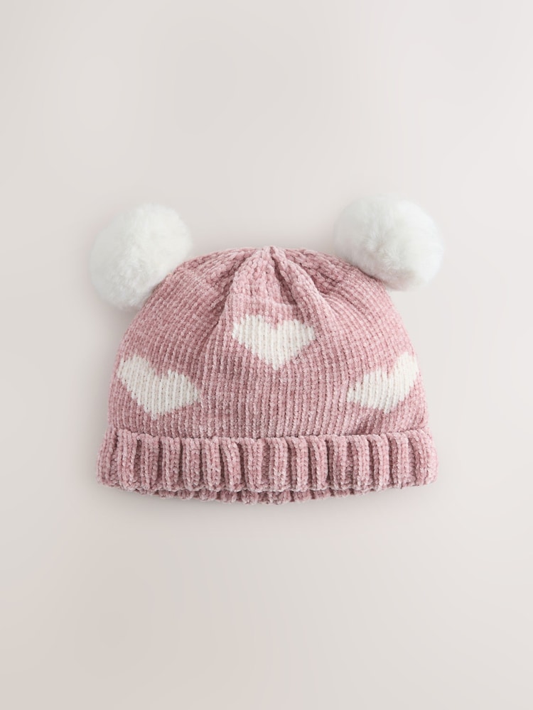ប៉ាក់ Chenille បេះដូងពណ៌ផ្កាឈូក - Double Pom Baby Beanie - រូបភាព 1 នៃ 3