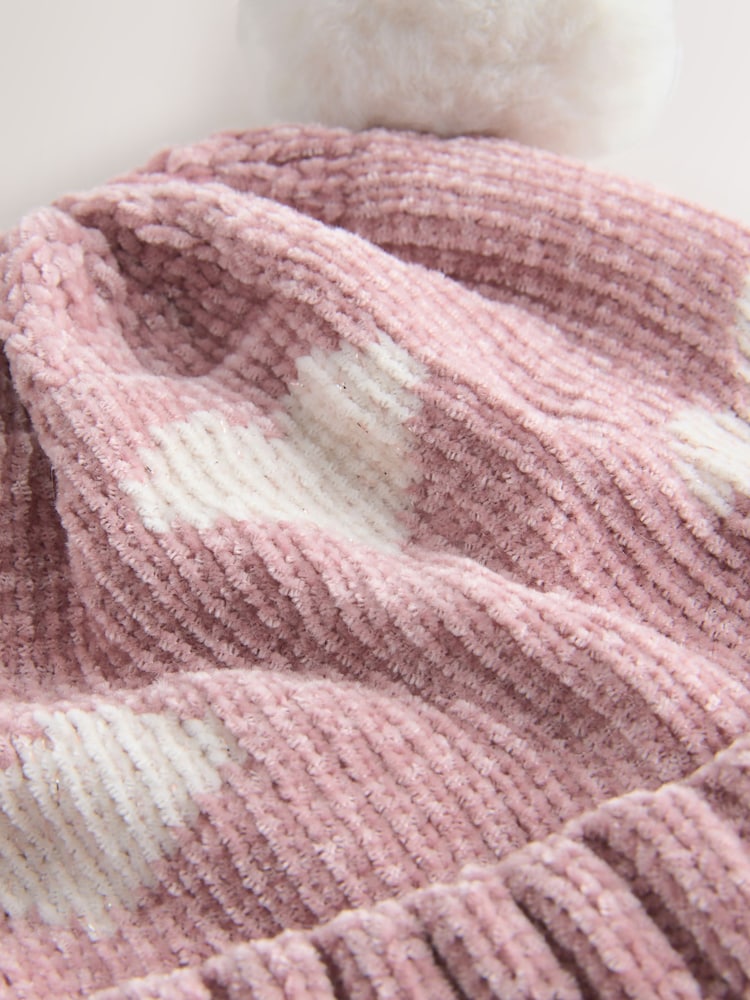 ប៉ាក់ Chenille បេះដូងពណ៌ផ្កាឈូក - Double Pom Baby Beanie - រូបភាព 3 នៃ 3