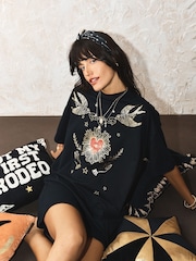Rockett St George Black Milagro Heart Print Night T-Shirt - Image 2 of 4