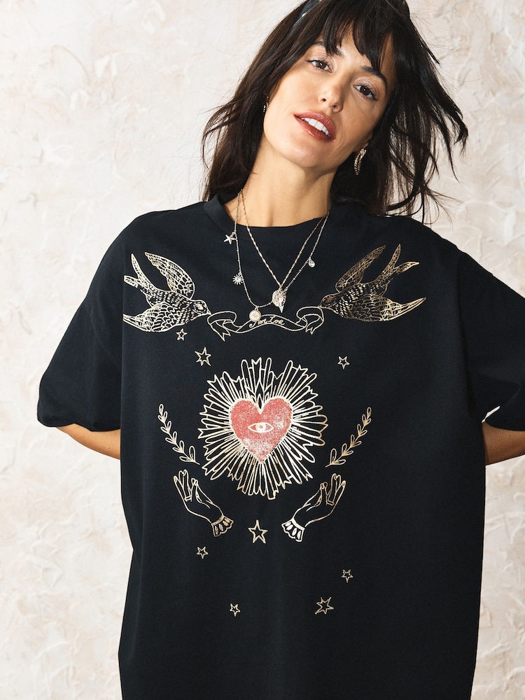 Rockett St George Black Milagro Heart Print Night T-Shirt - Image 4 of 4