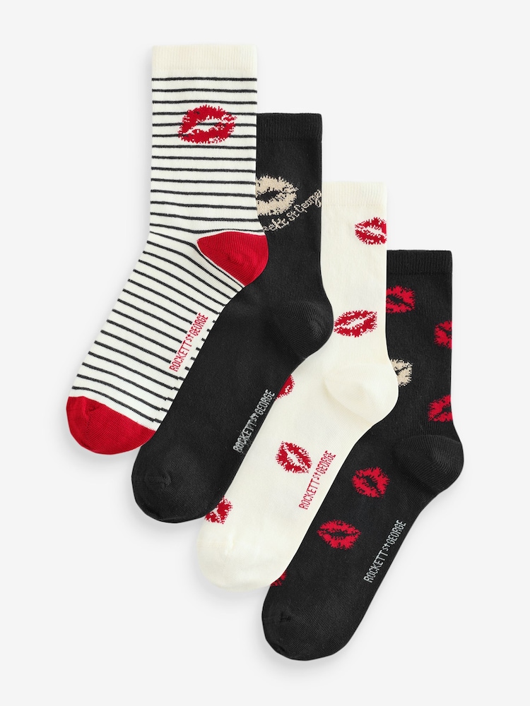 Rockett St George Black/Red Lips Print Socks 4 Pack - Image 1 of 7 Rockett St George Black/Red Lips Print Socks 4 Pack - Image 1 of 7