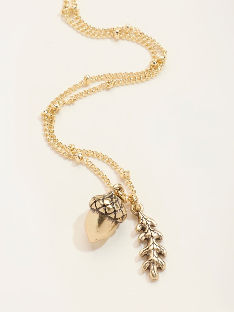 FatFace Gold Tone Acorn Leaf Necklace - Image 2 of 2 FatFace Gold Tone Acorn Leaf Necklace - Image 2 of 2