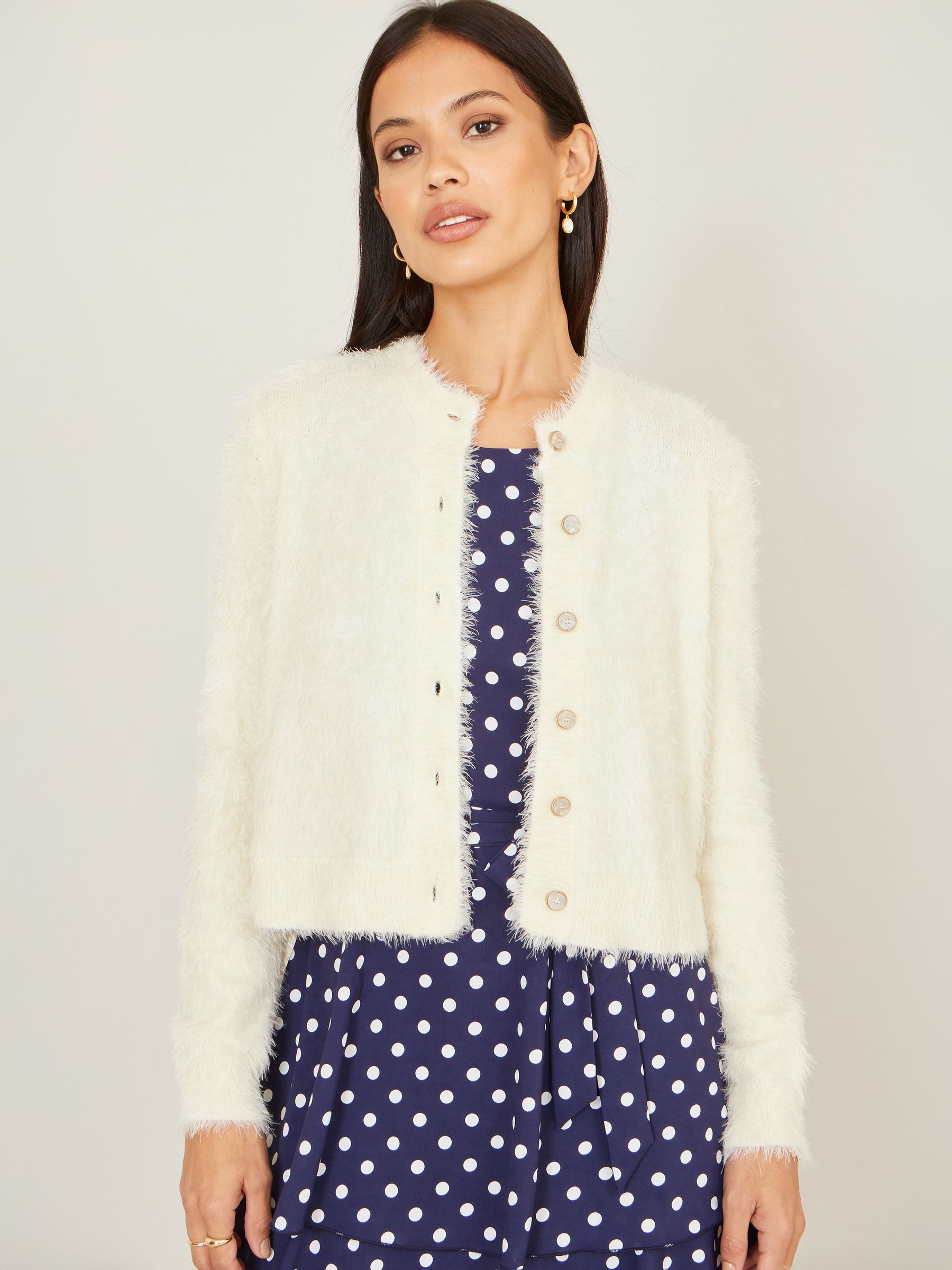 Buy Yumi Cream Eyelash Knit Cropped Cardigan from the Next UK