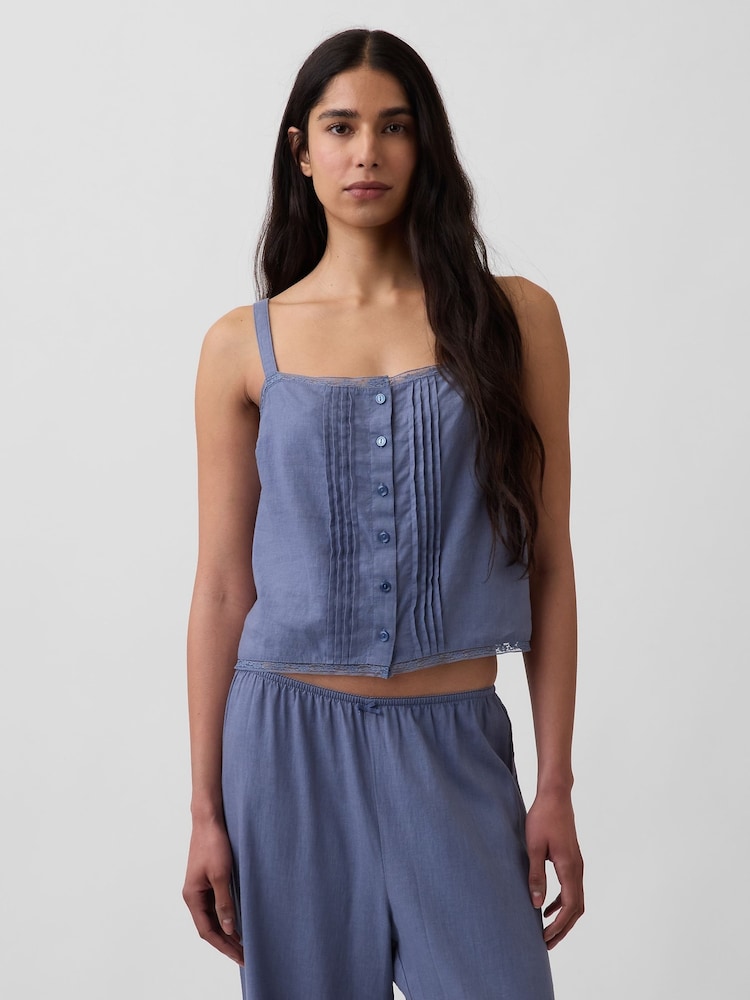 Gap Blue Linen-Blend Pintuck Crop Pyjama Vest - Image 1 of 4