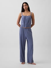 Gap Blue Linen-Blend Pintuck Crop Pyjama Vest - Image 3 of 4