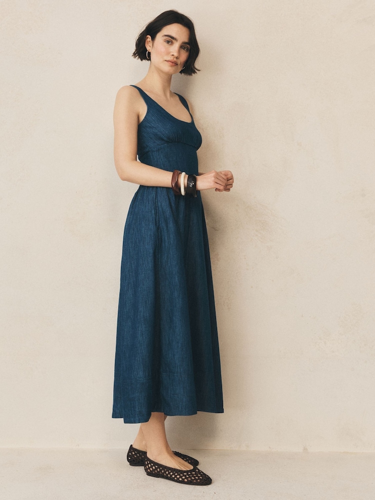 gap blue linen dress NWT $79 GAP Navy Blue Linen Fit Flare Embroidered Summer Work Dress 2P Pet  Sml
