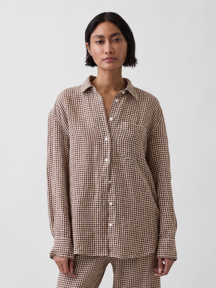 Gap Brown Gingham Linen Oversized Shirt - Image 1 of 3