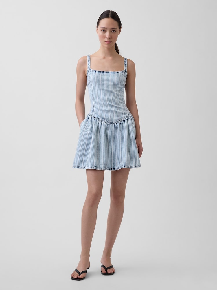 Gap Light Wash UltraSoft Denim Stripe Drop-Waist Mini Dress - Image 1 of 9 Gap Light Wash UltraSoft Denim Stripe Drop-Waist Mini Dress - Image 1 of 9
