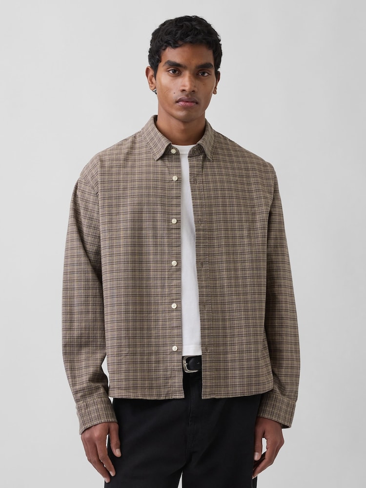 Gap Brown Check Relaxed Straight-Hem Oxford Shirt - Image 1 of 4 Gap Brown Check Relaxed Straight-Hem Oxford Shirt - Image 1 of 4