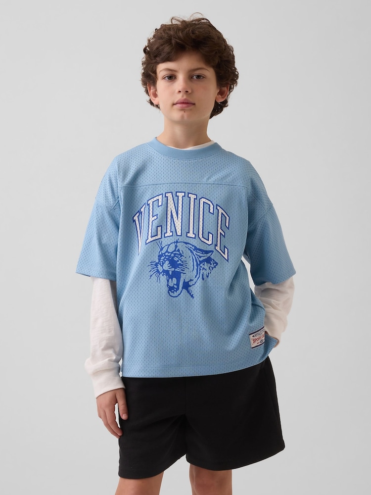 Albastru - Gap Mesh Oversized Graphic Jersey T-Shirt (4-13yrs) - Imaginea 1 din 5