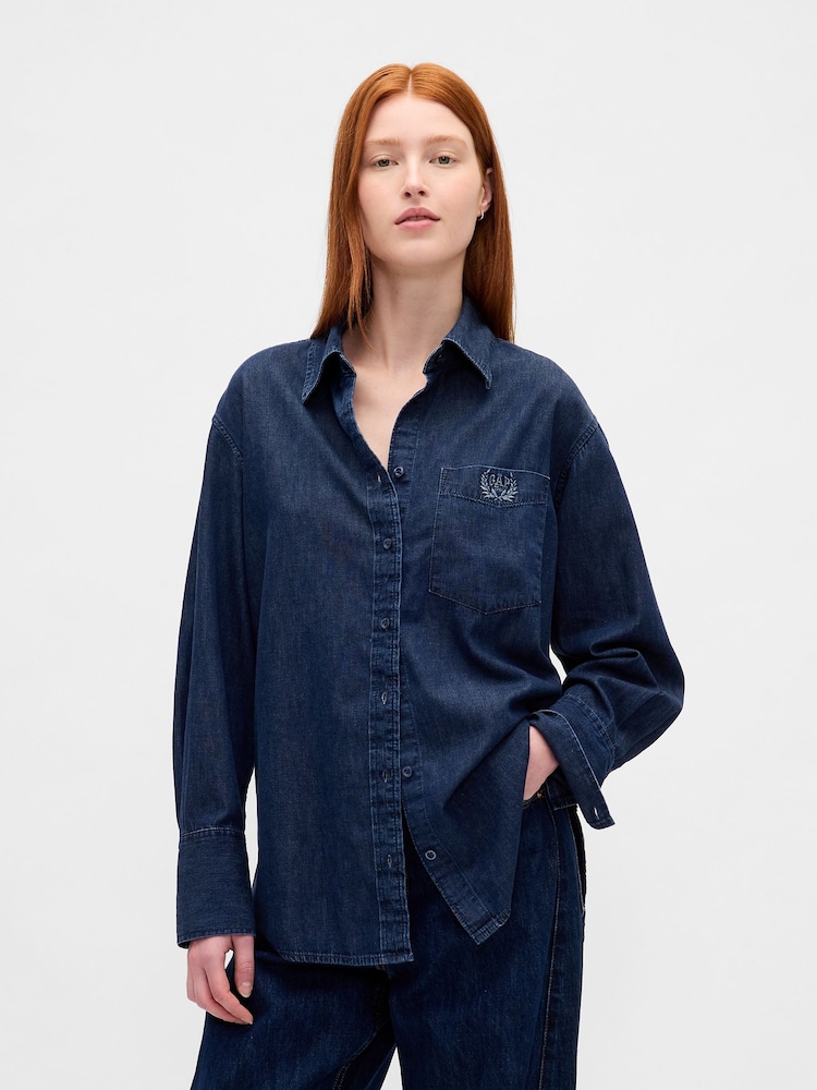 Gap Dark Wash UltraSoft Denim Big Shirt - Image 1 of 4 Gap Dark Wash UltraSoft Denim Big Shirt - Image 1 of 4