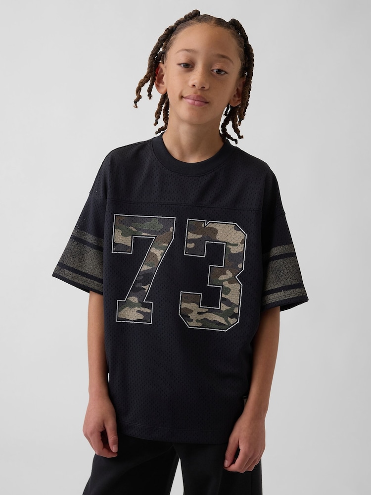 Negru - Gap Mesh Oversized Graphic Jersey T-Shirt (4-13yrs) - Imaginea 1 din 5