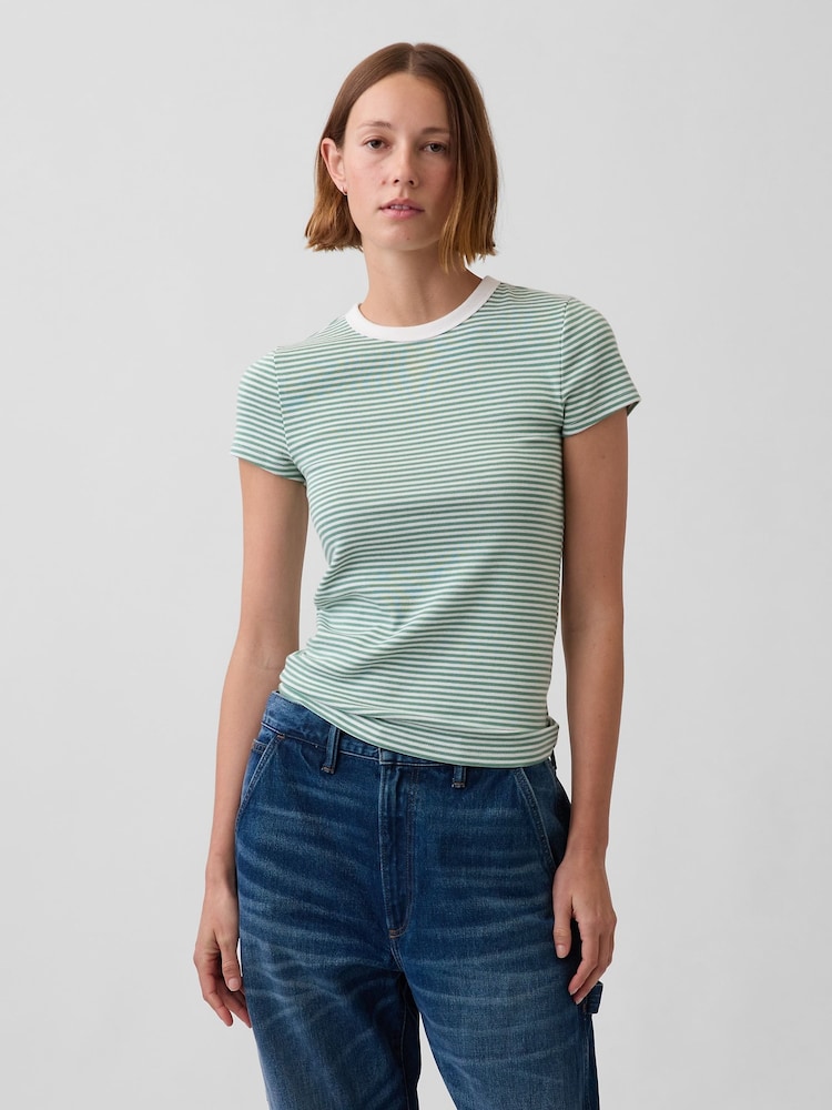 Gap Green Stripe Modern Crew neck T-Shirt - Image 1 of 3 Gap Green Stripe Modern Crew neck T-Shirt - Image 1 of 3