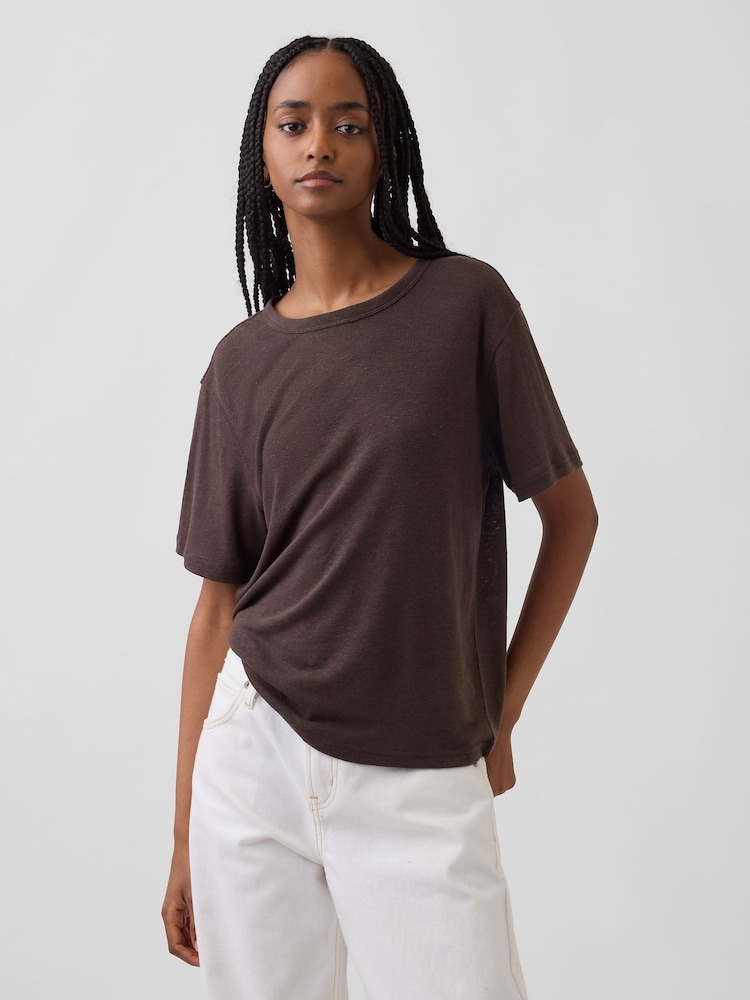 Gap Brown Linen-Blend Relaxed T-Shirt - Image 1 of 3