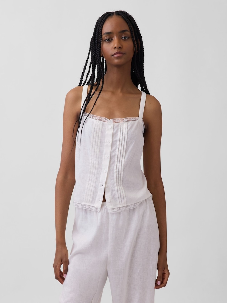 Gap White Linen-Blend Pintuck Crop Pyjama Vest - Image 1 of 4