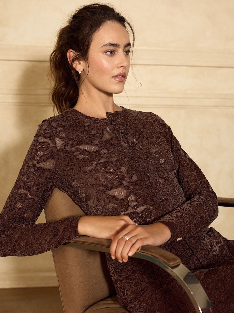 Chocolate Brown Long Sleeved Lace Cardigan - Image 1 of 8