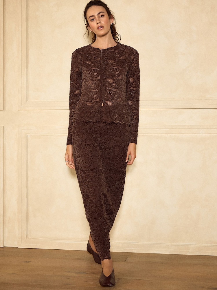 Chocolate Brown Long Sleeved Lace Cardigan - Image 2 of 8