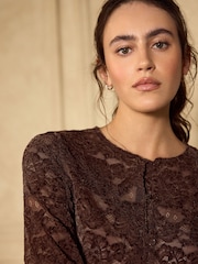 Chocolate Brown Long Sleeved Lace Cardigan - Image 5 of 8