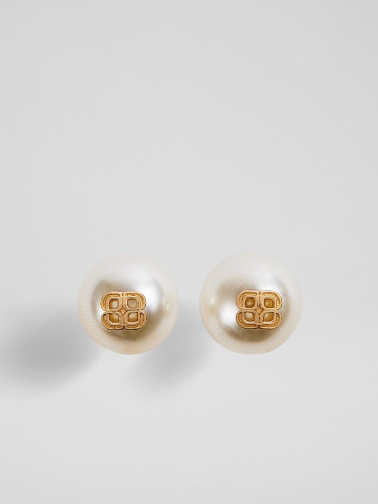 LK Bennett Metallic Double Gold Tone Pearl Logo Stud Earrings - Image 1 of 3