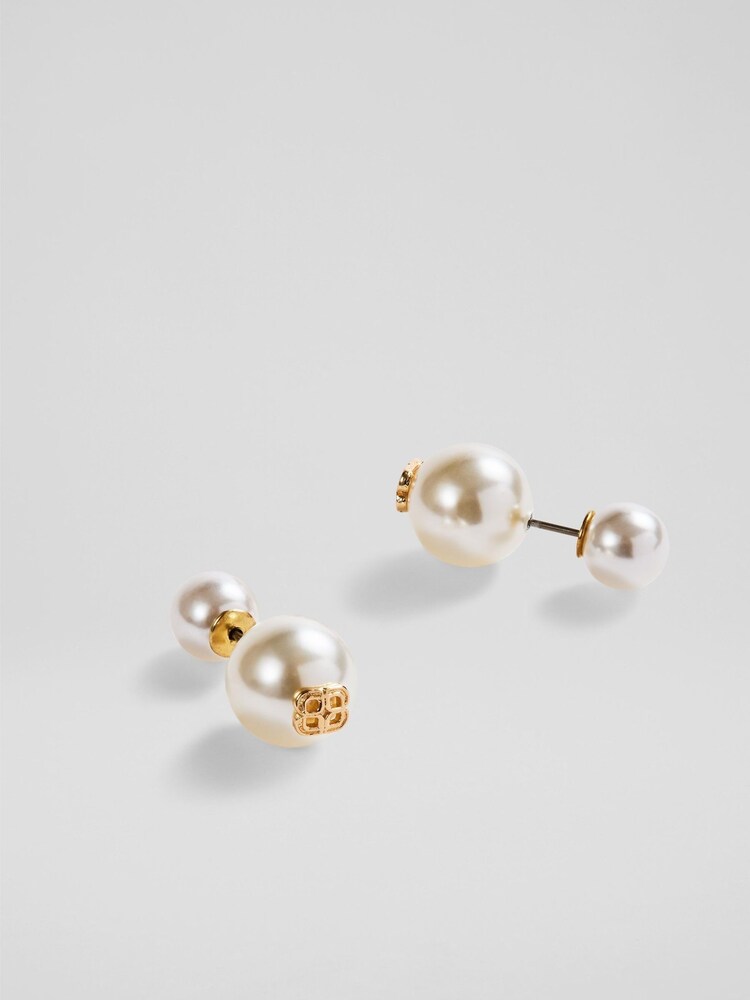 LK Bennett Metallic Double Gold Tone Pearl Logo Stud Earrings - Image 3 of 3