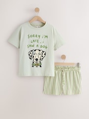 Sage Green Slogan Dogs Seminal x Lauren Emmet Stripe Short Pyjamas Set - Image 1 of 4