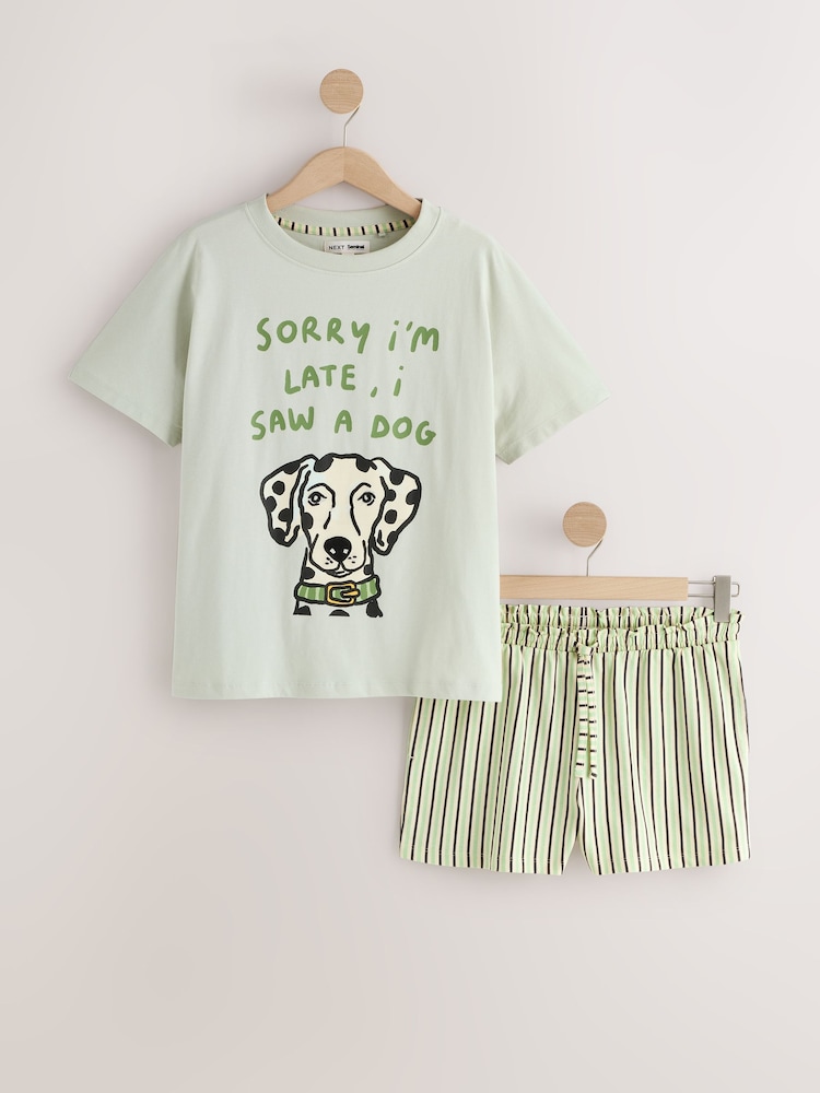 Sage Green Slogan Dogs Seminal x Lauren Emmet Stripe Short Pyjamas Set - Image 1 of 4 Sage Green Slogan Dogs Seminal x Lauren Emmet Stripe Short Pyjamas Set - Image 1 of 4
