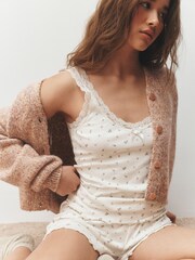 Pink/Cream Ditsy Floral Cotton Rib Lace Cami and Short Pyjamas - Image 1 of 8