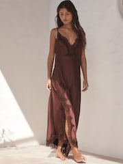 Czekoladowy brąz - Lace Detail Satin Slip - Obraz 1 z 7