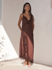 Czekoladowy brąz - Lace Detail Satin Slip - Obraz 2 z 7