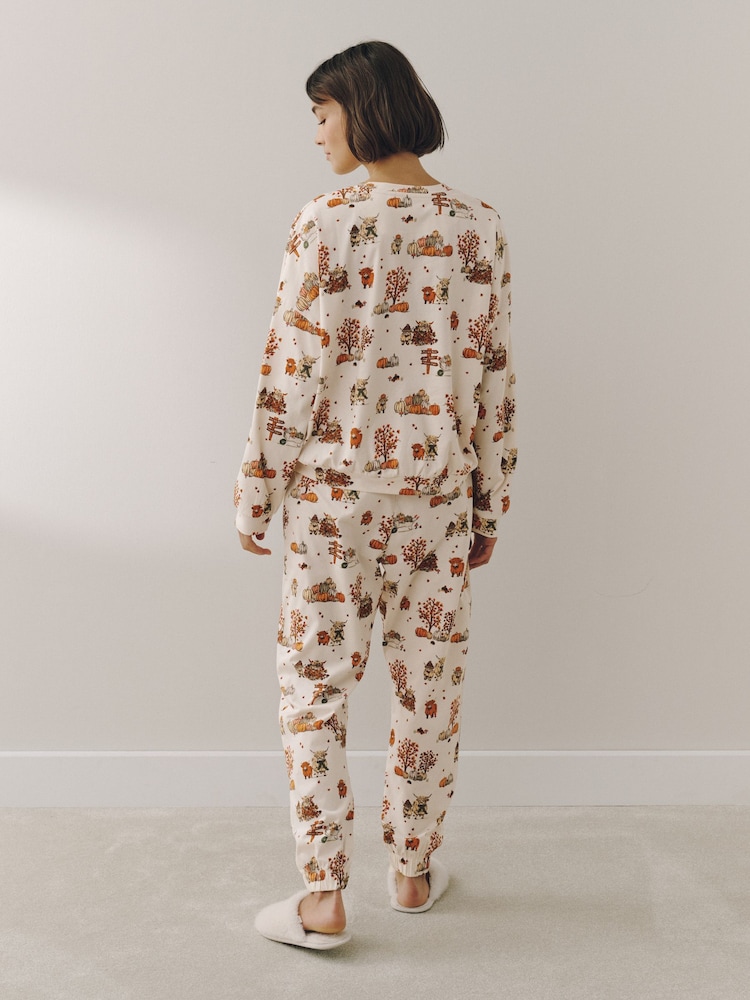 Cream Autumnal Hamish The Highland Cow Cotton Long Sleeve Pyjamas - Image 2 of 8 Cream Autumnal Hamish The Highland Cow Cotton Long Sleeve Pyjamas - Image 2 of 8