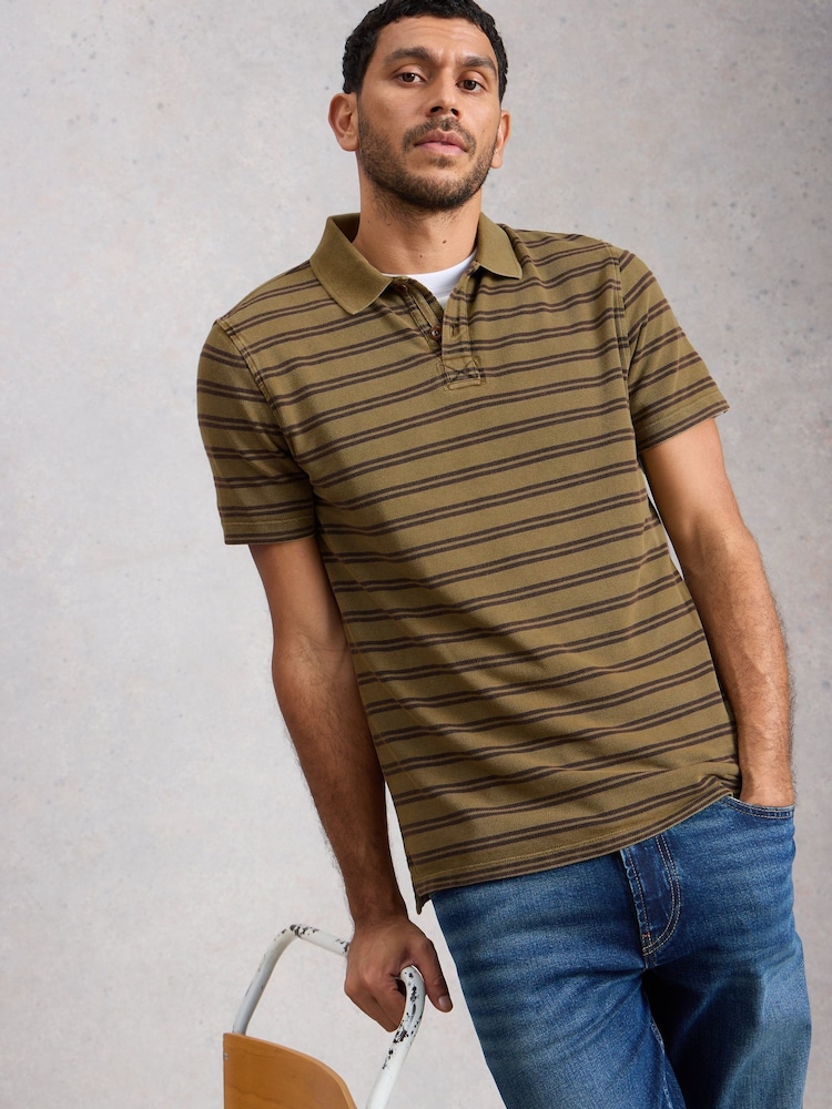 White Stuff Green Short Sleeve Utility Stripe Polo Shirt - Image 2 of 6
