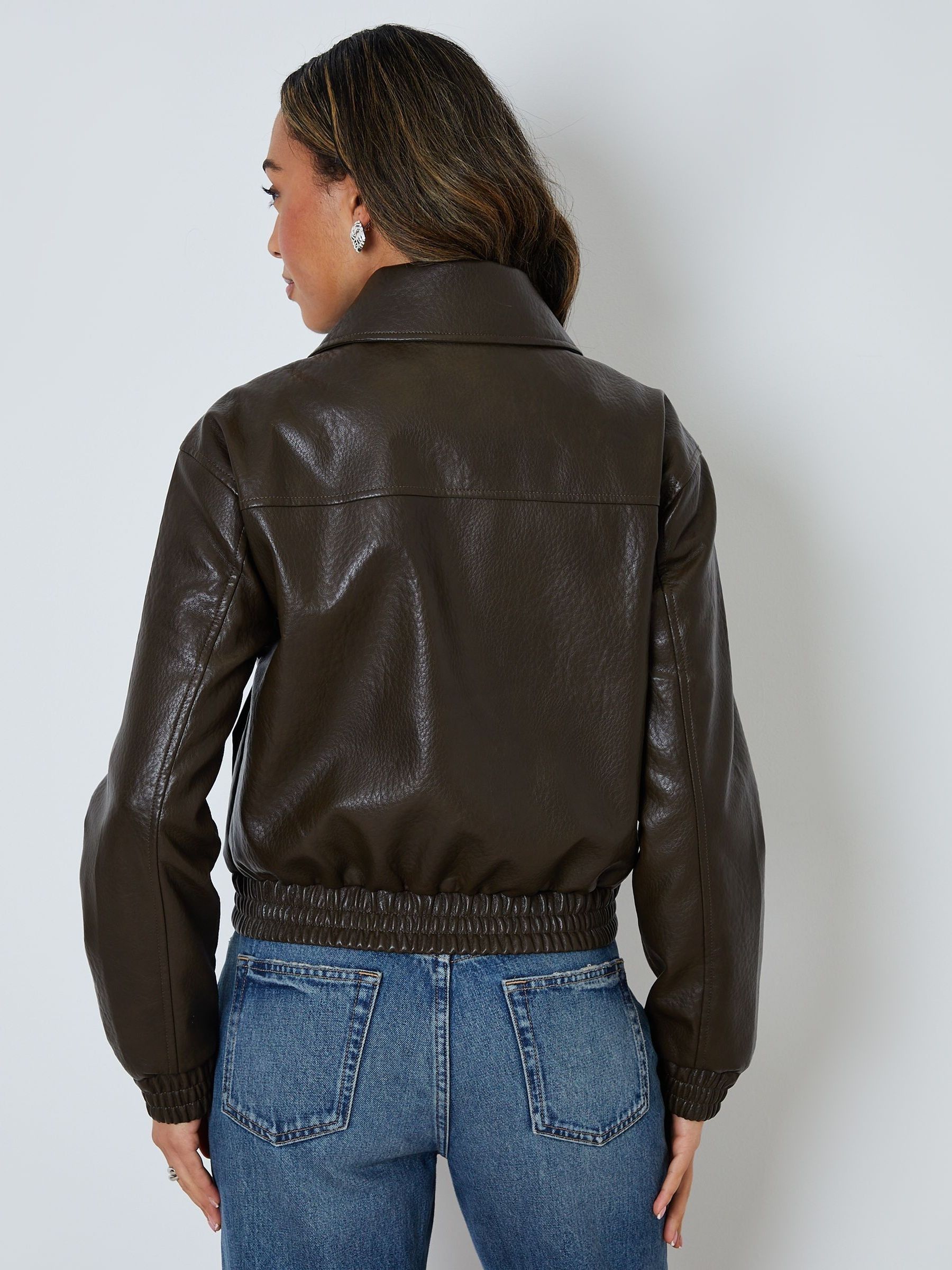 Buy Threadbare Brown Faux Leather Bomber Jacket with Collar from