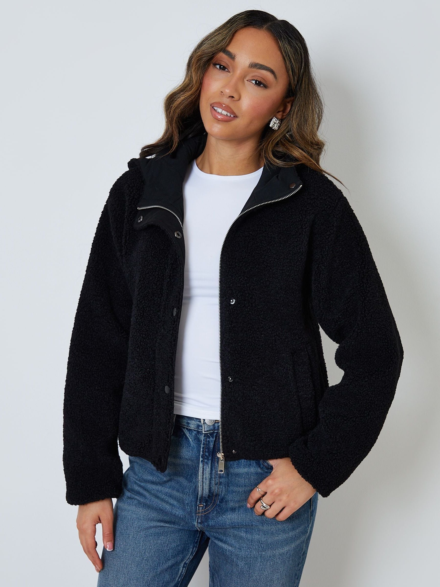 Buy Threadbare Black Hooded Snap Borg Fleece Bomber Fleece from