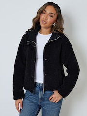 Threadbare Black Hooded Snap Borg Fleece Bomber Fleece - Image 1 of 5