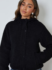 Threadbare Black Hooded Snap Borg Fleece Bomber Fleece - Image 3 of 5