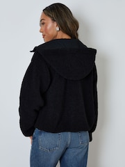 Threadbare Black Hooded Snap Borg Fleece Bomber Fleece - Image 4 of 5