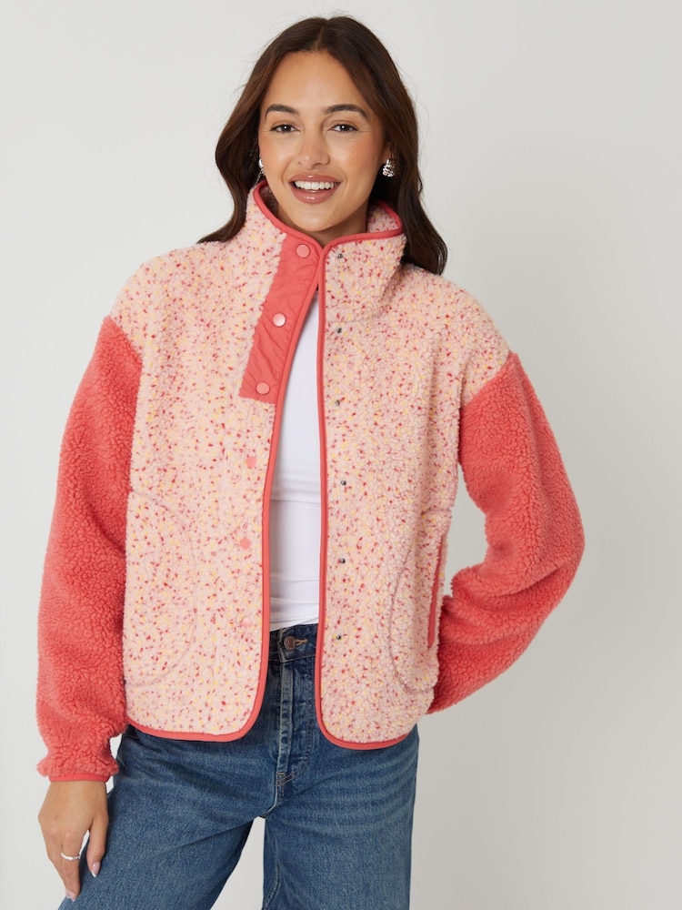Threadbare Pink Colourblock Snap Borg Fleece - Image 1 of 5 Threadbare Pink Colourblock Snap Borg Fleece - Image 1 of 5