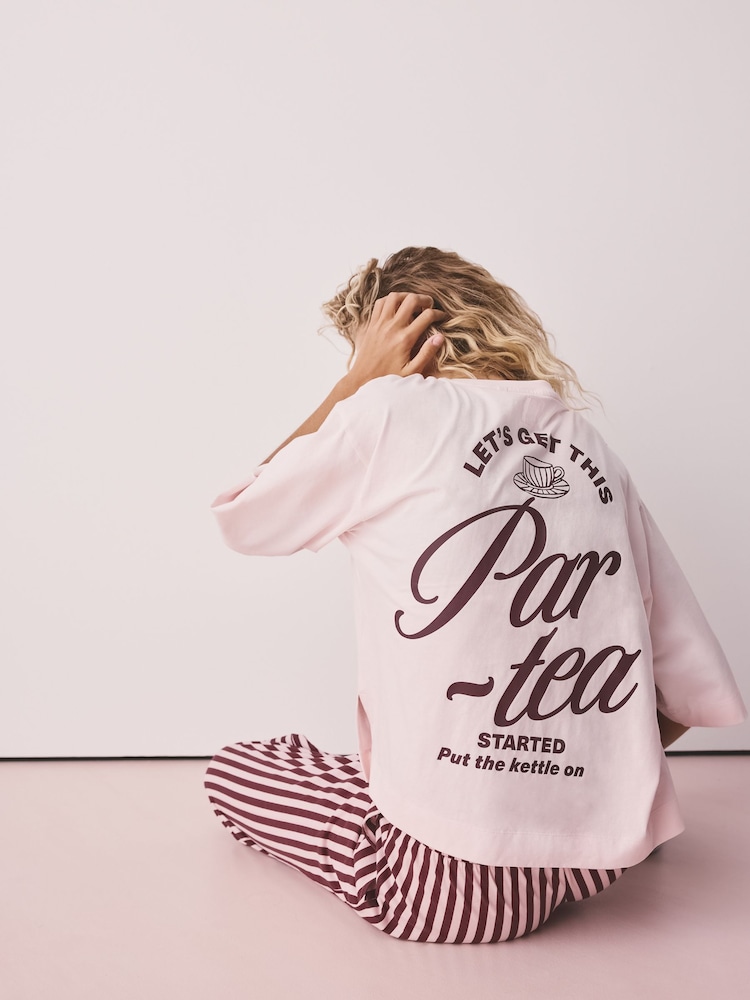 Pink Stripe Tea Graphic Short Sleeve Pyjamas - Image 1 of 5 Pink Stripe Tea Graphic Short Sleeve Pyjamas - Image 1 of 5