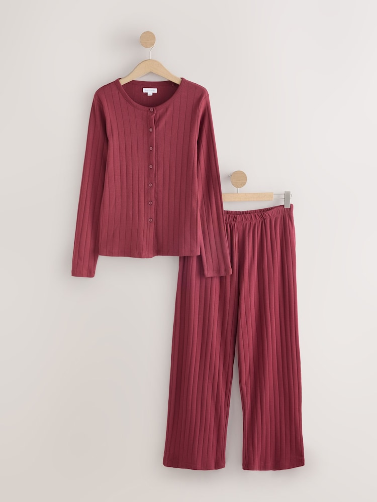 Burgundijas sarkans - Ribbed Button Down Long Sleeve Pyjamas - Attēls 1 no 3 Burgundijas sarkans - Ribbed Button Down Long Sleeve Pyjamas - Attēls 1 no 3