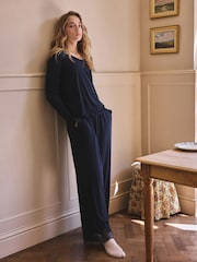 Navy Lace Detail Cosy Ribbed Long Sleeve Pyjamas - Image 1 of 10