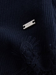 Navy Lace Detail Cosy Ribbed Long Sleeve Pyjamas - Image 10 of 10