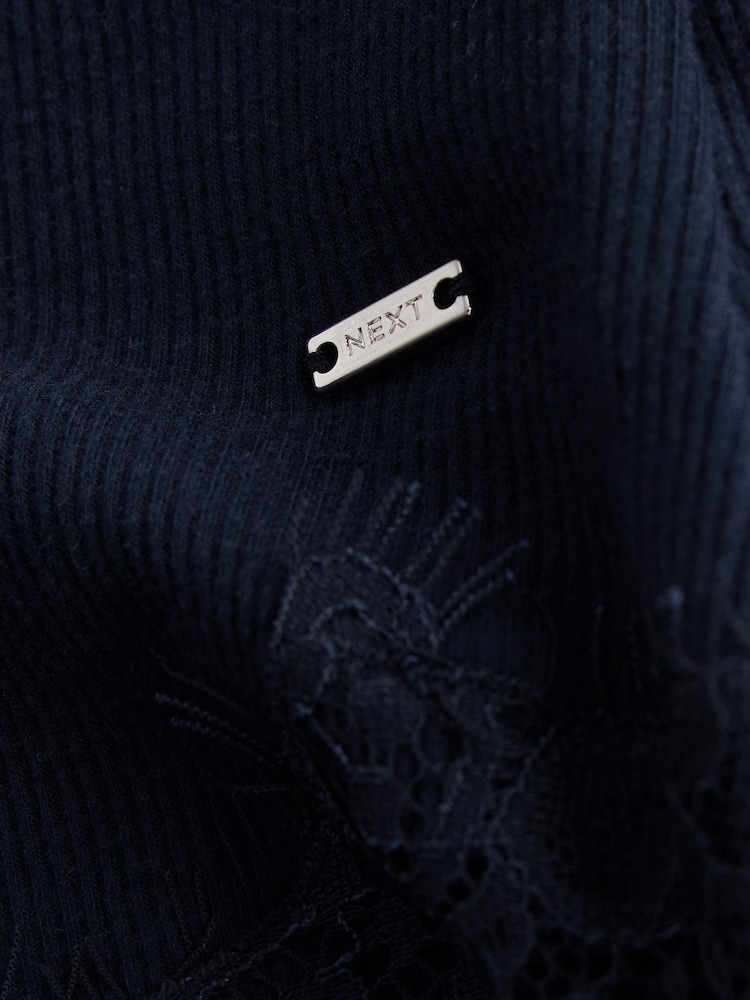 Navy Lace Detail Cosy Ribbed Long Sleeve Pyjamas - Image 10 of 10