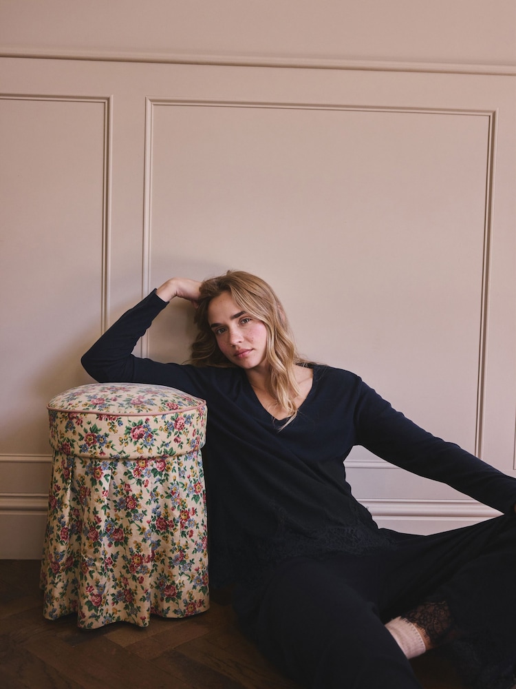 Navy Lace Detail Cosy Ribbed Long Sleeve Pyjamas - Image 2 of 10
