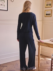 Navy Lace Detail Cosy Ribbed Long Sleeve Pyjamas - Image 3 of 10