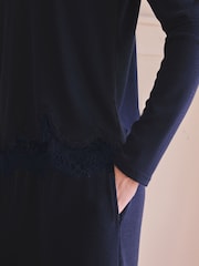 Navy Lace Detail Cosy Ribbed Long Sleeve Pyjamas - Image 4 of 10