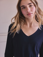 Navy Lace Detail Cosy Ribbed Long Sleeve Pyjamas - Image 5 of 10