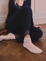 Navy Lace Detail Cosy Ribbed Long Sleeve Pyjamas - Image 6 of 10