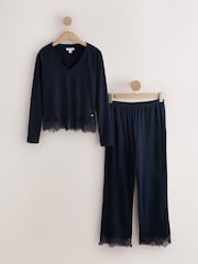 Navy Lace Detail Cosy Ribbed Long Sleeve Pyjamas - Image 7 of 10