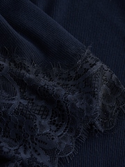 Navy Lace Detail Cosy Ribbed Long Sleeve Pyjamas - Image 8 of 10